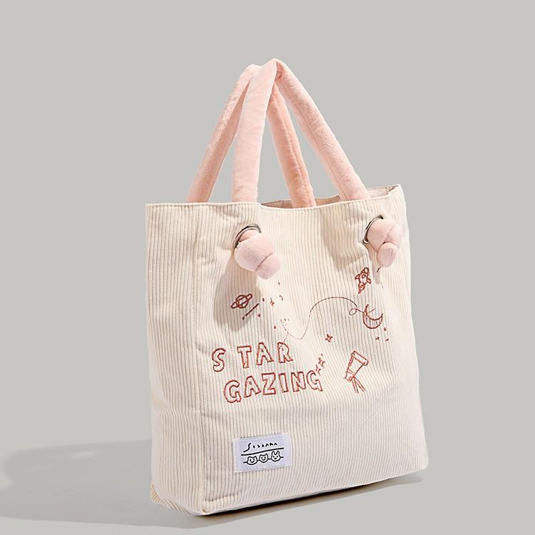 Corduroy Commuter Tote Bag for Women, Embroidered Versatile Cute Student Large Capacity Shoulder Bag, Cotton-Padded Handbag
