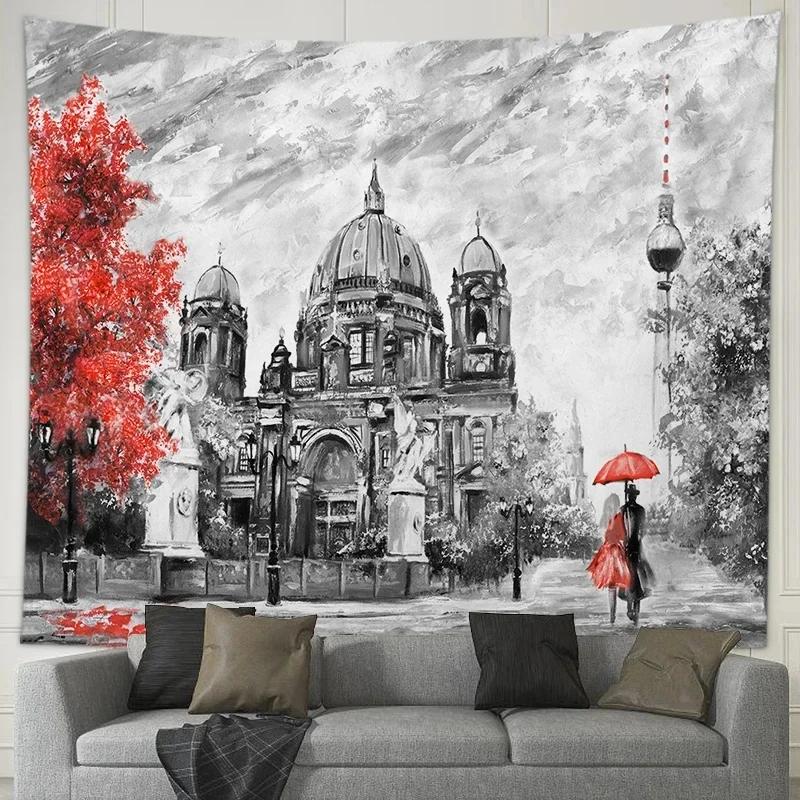 Romantic Couple Lovers Tapestry Eiffel Tower Big Ben Tapestry Wall Hanging Maple Rose Decorated Home Bedroom Living Room Dorm
