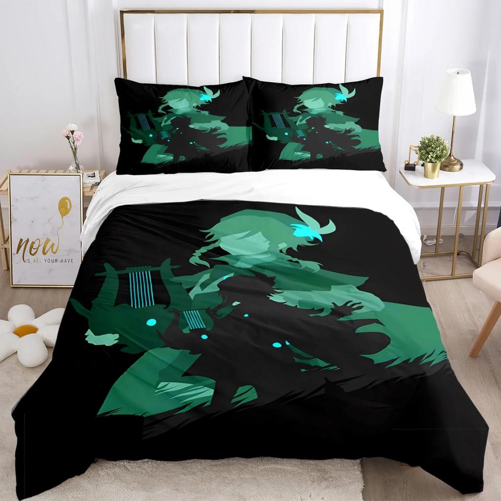 Genshin Impact Print Three Piece Bedding Set Fashion Article Children or Adults for Beds Quilt Covers Pillowcases Bedding Set