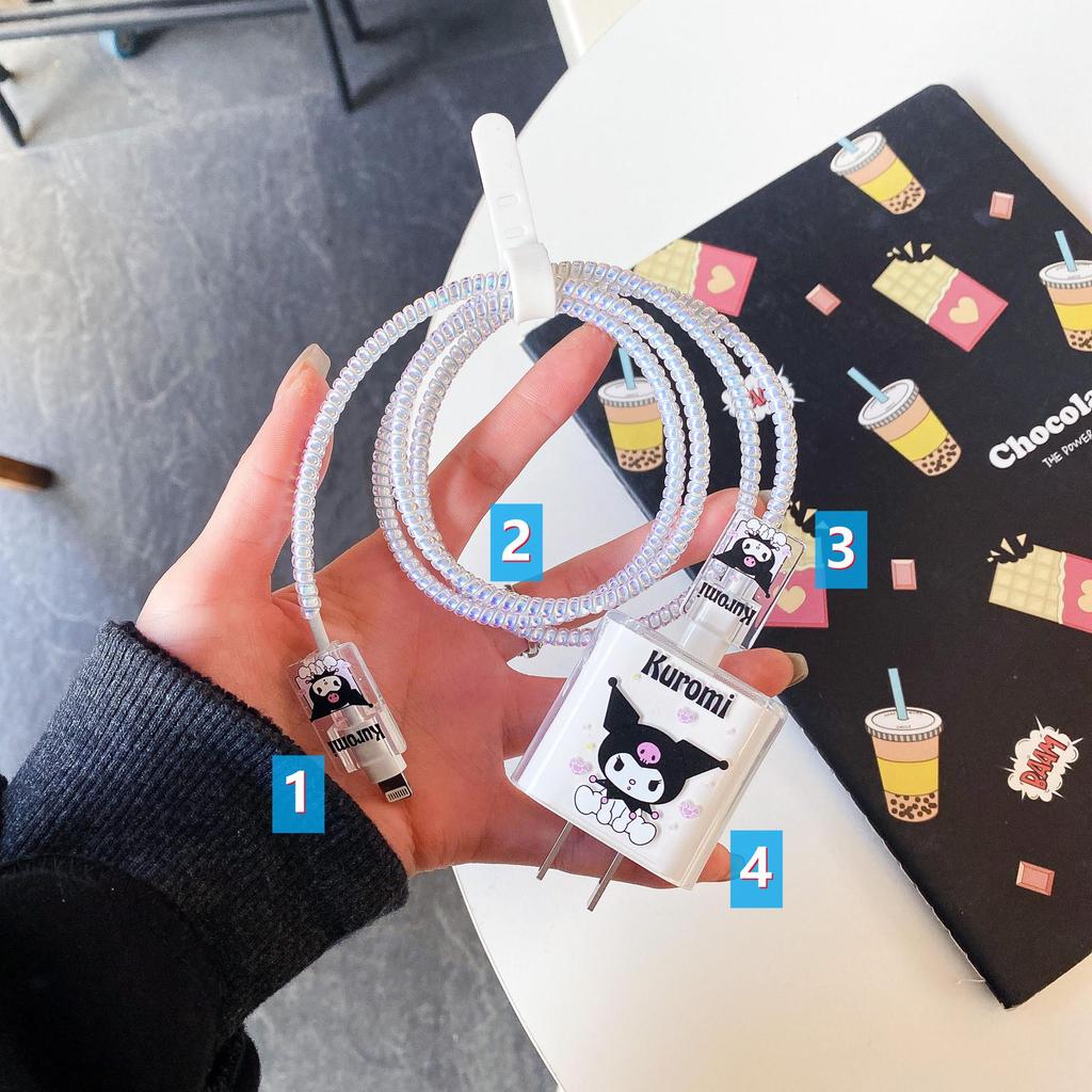 Apple Data Cable Protection Kit: 20W Charging Head, Transparent Cartoon Design, 4-Piece Set