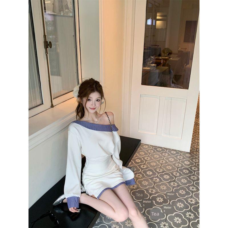 Kumikumi Pure Desire Style Suit Oblique Shoulder Temperament Long Sleeve Sweatshirt Female Autumn High Waist Slimming Skirt Two-piece Set