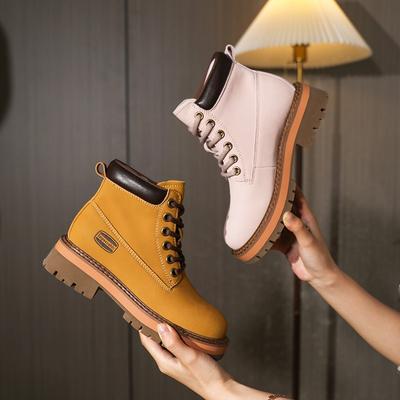 Leder Rhabarberstiefel Herbst und Winter neue Martin Stiefel Damen lässige dünne Stiefel Damen Schnürstiefel Damenstiefel dicker Absatz kurze Stiefel