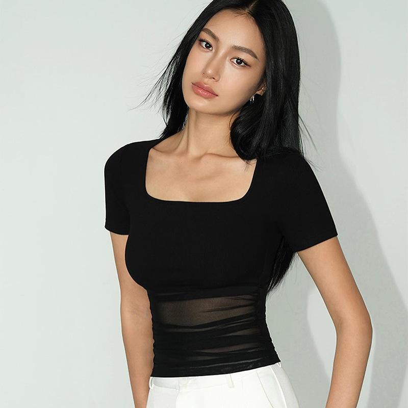 Short-sleeved T-shirt Square Stitching Top Short Top