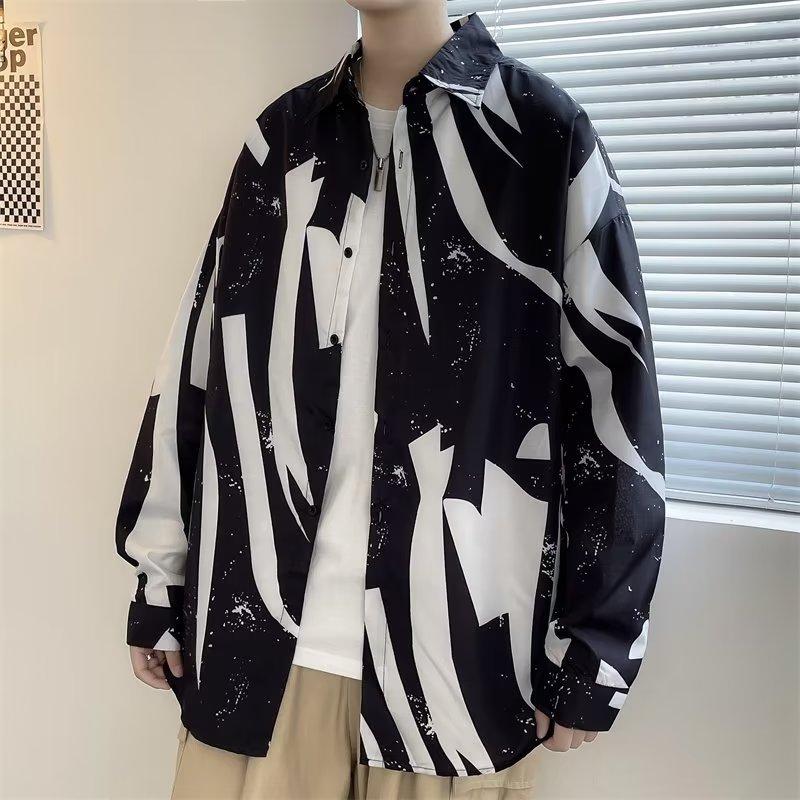 Autumn Retro Buckle New Chinese Style Stand Collar Shirt Men's Niche Graffiti Printing Design Sense Ruan Handsome Top