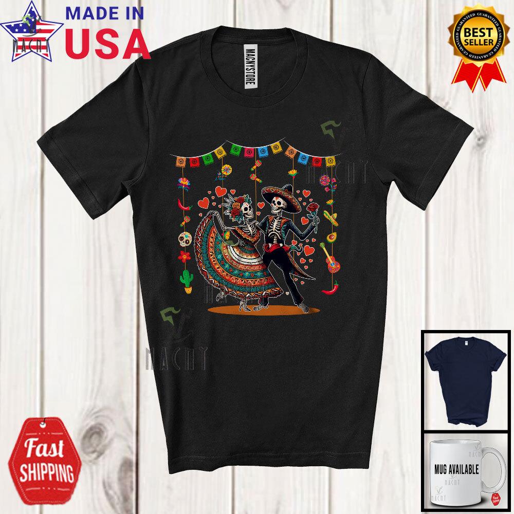 Skeletons Dancing; Joyful Dia De Los Muertos Skeleton; Dancer Mexican T-Shirt S