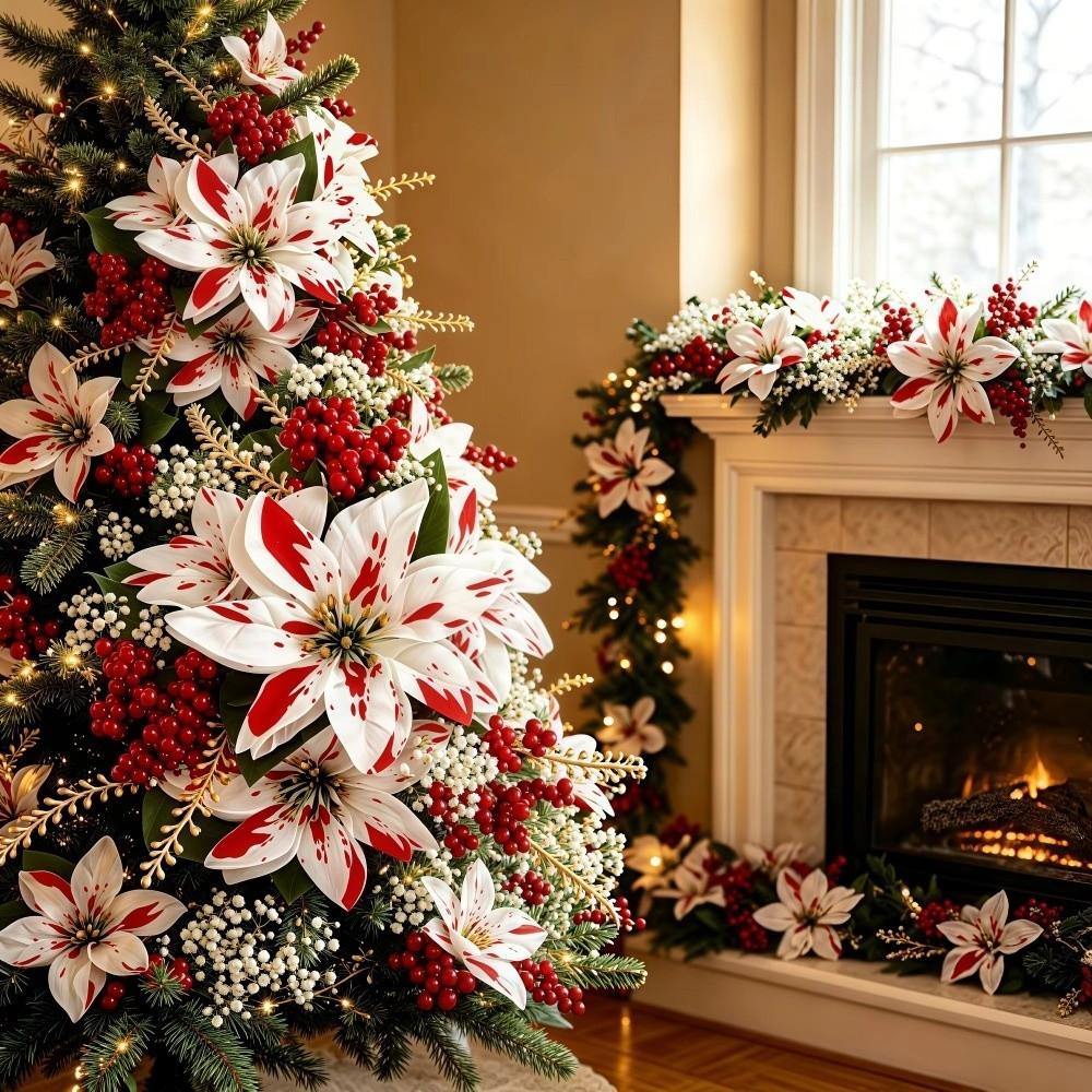 UV Resistant Artificial Poinsettia Bouquet Lush Leaves Xmas Faux Poinsettia  Christmas