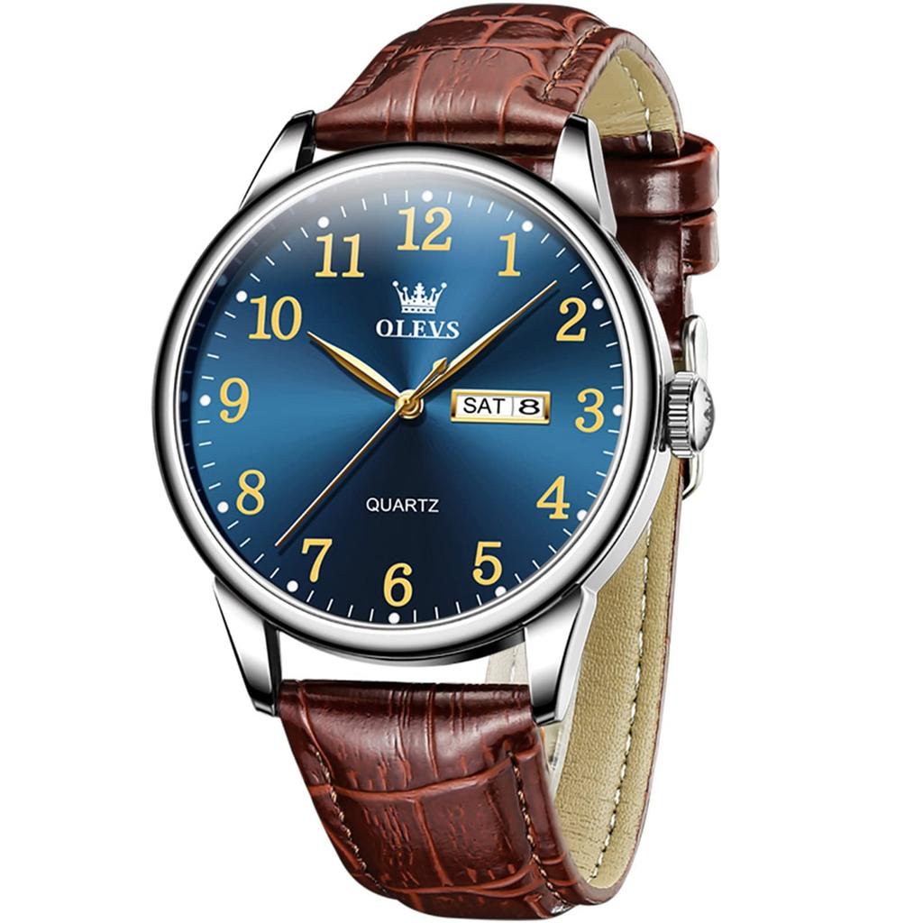 OLEVS Montre analogique à quartz pour homme, bracelet en cuir marron, cadran bleu, grande taille, tendance, pour homme, avec date et semaine