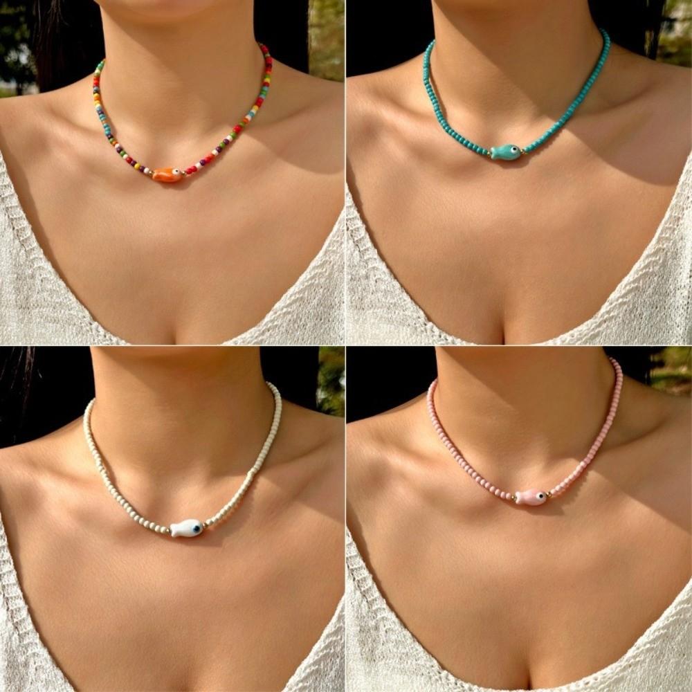 Ceramic Fish Rice Bead Chains Double-sided Painted Colorful Rice Beads Necklace Handmade Bohemian Necklace Party