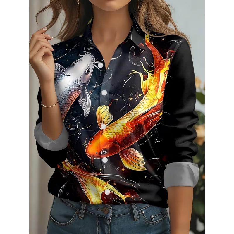 2026 Autumn New 3D Floral Print Blouse Ladies Long Sleeve Button Laple Loose Shirt Tops Casual Fashion Spring Women's Clothing