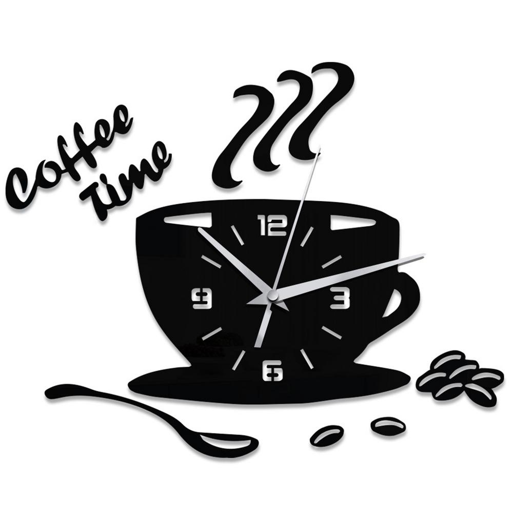 Horloges Murales 3D Miroir en Forme de Tasse à Café Design Moderne Autocollant d'Horloge Murale Créative Pour DIY Cuisine Salon Décorations de Maison