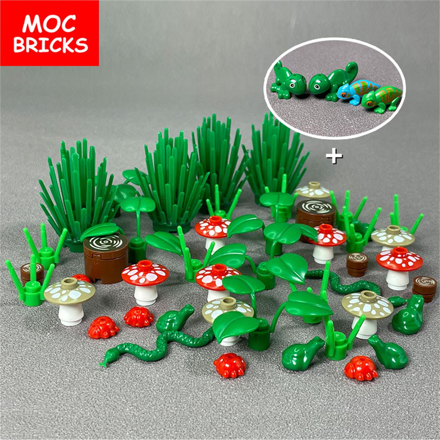 MOC Steine Dschungel Tropischer Wald Eidechse Chamäleon Pilz Baum Pflanze Anbauteile Bausteine Zusammengebaute Spielzeuge Kinder Geschenke