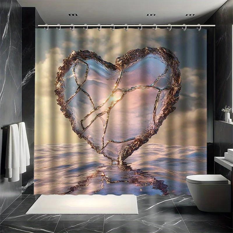 Heart Printed Shower Curtain Set - Ocean Background, 12 Hooks, Waterproof Polyester, Bathtub Partition, Modern Bathroom Decor