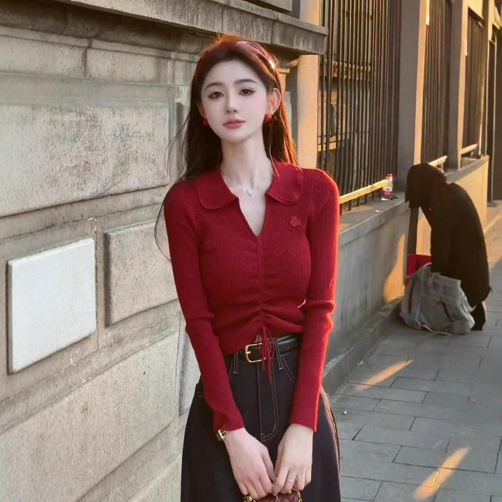 

V-neck red knitted sweater women s new autumn casual versatile and thin senior sense super good-looking one size fits all