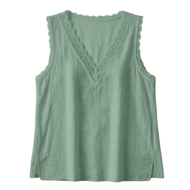 Womens Casual Summer Sleeveless V Neck Lace Trim Shirt S зелёный