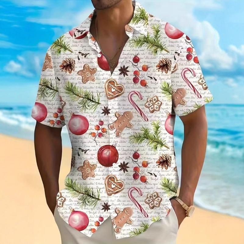 Autumn and Winter Men's Short Sleeved Shirt New Year's Christmas Pattern Digital Printed Shirt Top Men's Casual Shirt