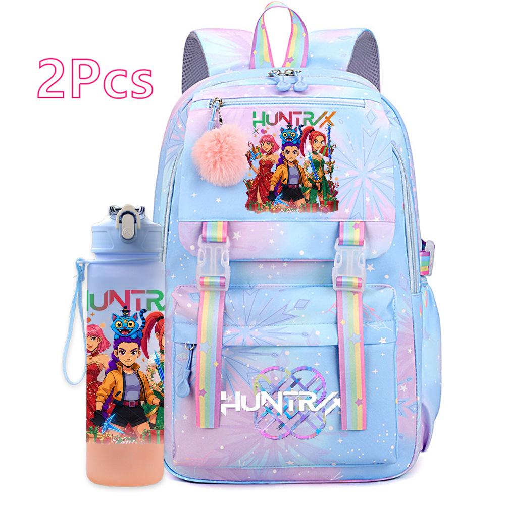 2Pcs/set Christmas K-pop Printed Backpack with 750Ml Water Bottler Large Capacity Travel Bag for Teenager Girl Boy Bookbag Kid Gift Large Capacity Bag