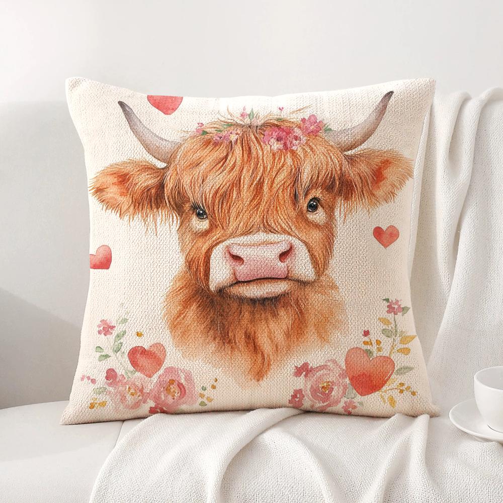 Hochlandrind und Blume Kissenbezug Natürlicher Leinen Bio-Stoff Beidseitiger Druck Sofa Heimdekor Geschenk Kissenbezug