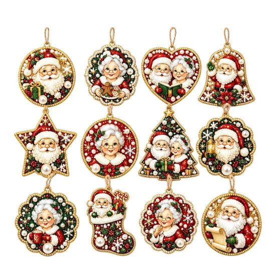 Festive Home Decoration 12PCS Christmas Tree 2D Flat Pendant, Pearl Acrylic Art Kits, Bright Seasonal Wall Hanging Color Classic Patterns Ornament for