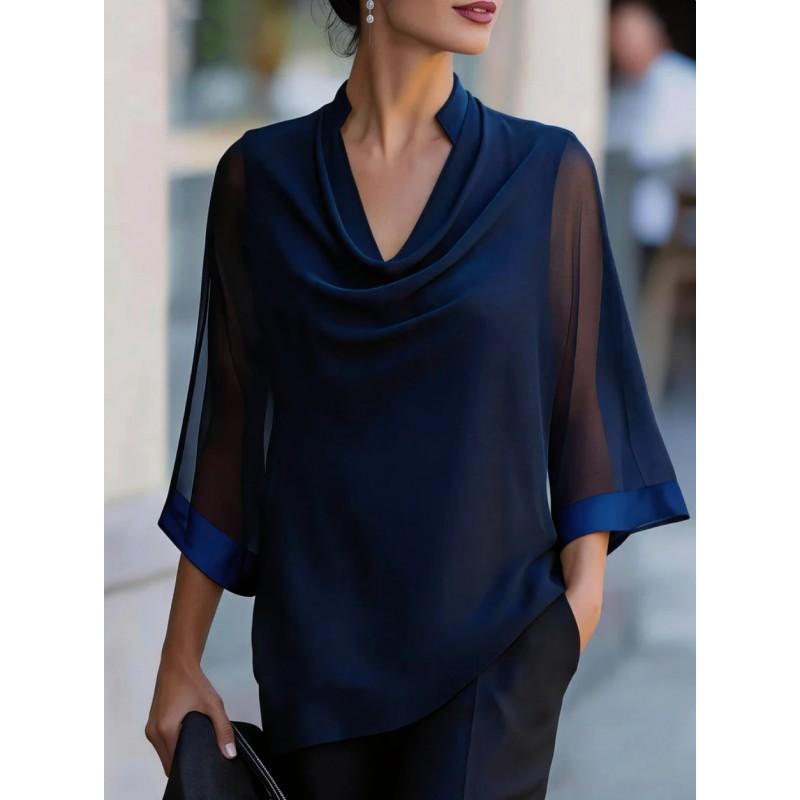 2026 Womens Flowy Chiffon Blouse With Wide Neckline Loose Fit Casual Shirt