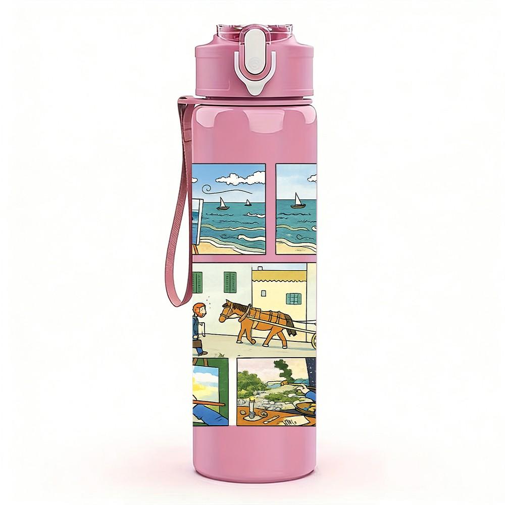 1PC Colorful Village Landscape 750ml Color Plastic Sports Water Bottle Leakproof Flip Straw Lid Suitable for Sports Office Home Use