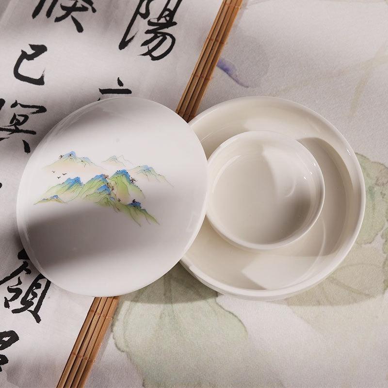 

Ceramic Inkstone Double Ring with Cover Ceramic Inkstone Student Multifunctional Ink Disc Four Treasures of The Study