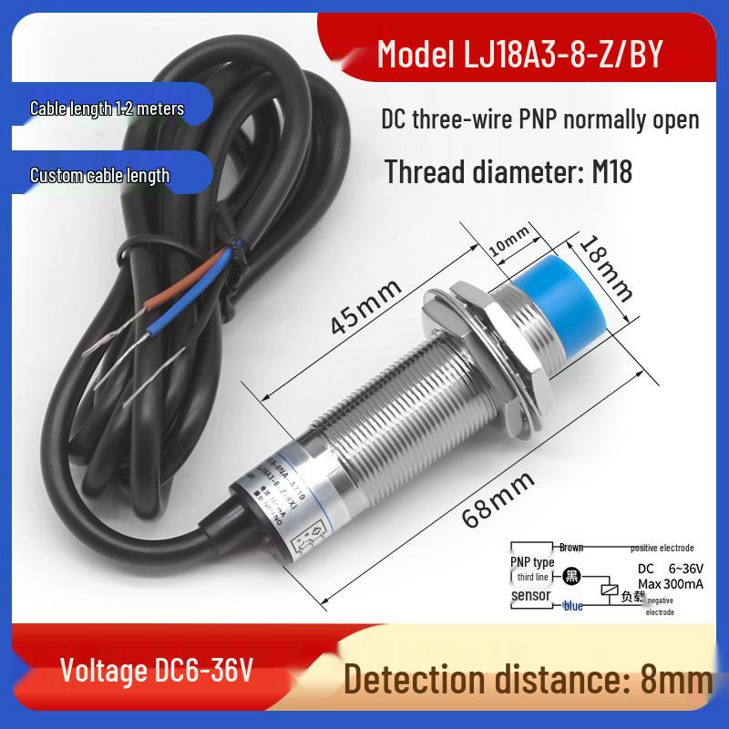 M18 Metal Sensor Proximity Switch - LJ18A3 Series, NPN, Normally Open, Three-wire