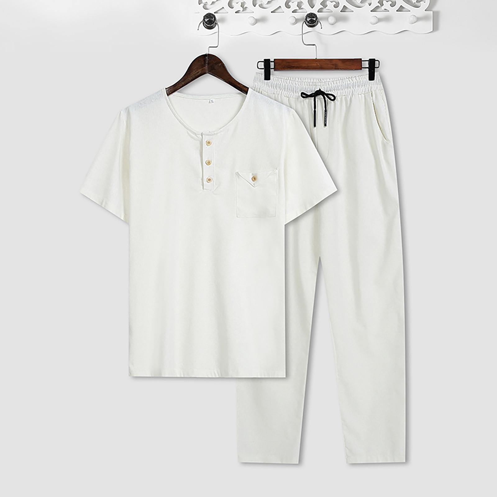 

Мужская футболка из хлопка и льна в стиле ретро с короткими рукавами, верх, свободные брюки, костюм из двух предметов XXXXXL белый