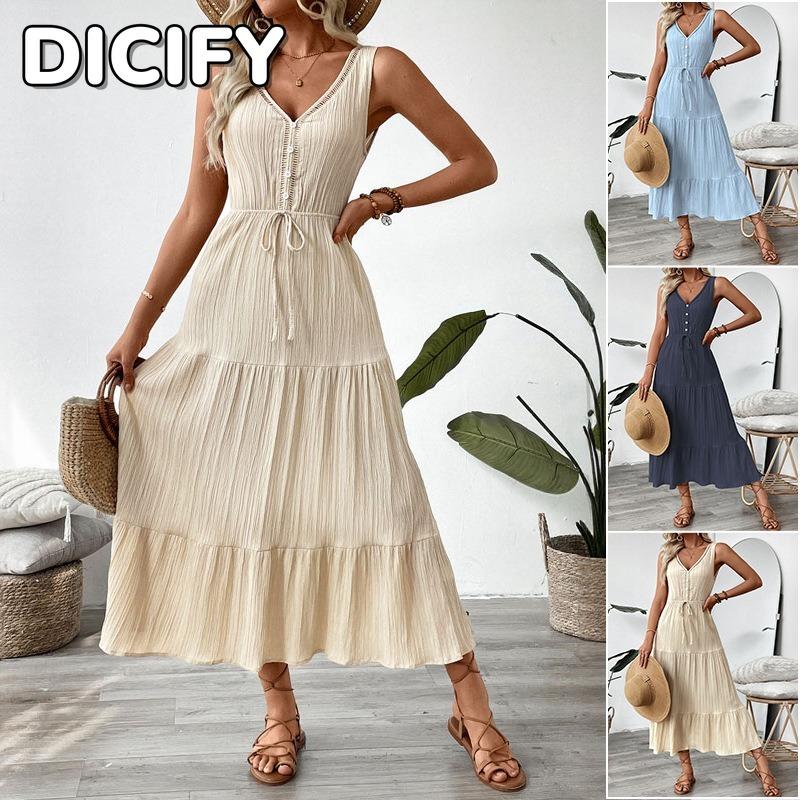 DICFY Women's Fashion Summer Spring Solid Color Print V-Neck Sleeveless Casual Dresses