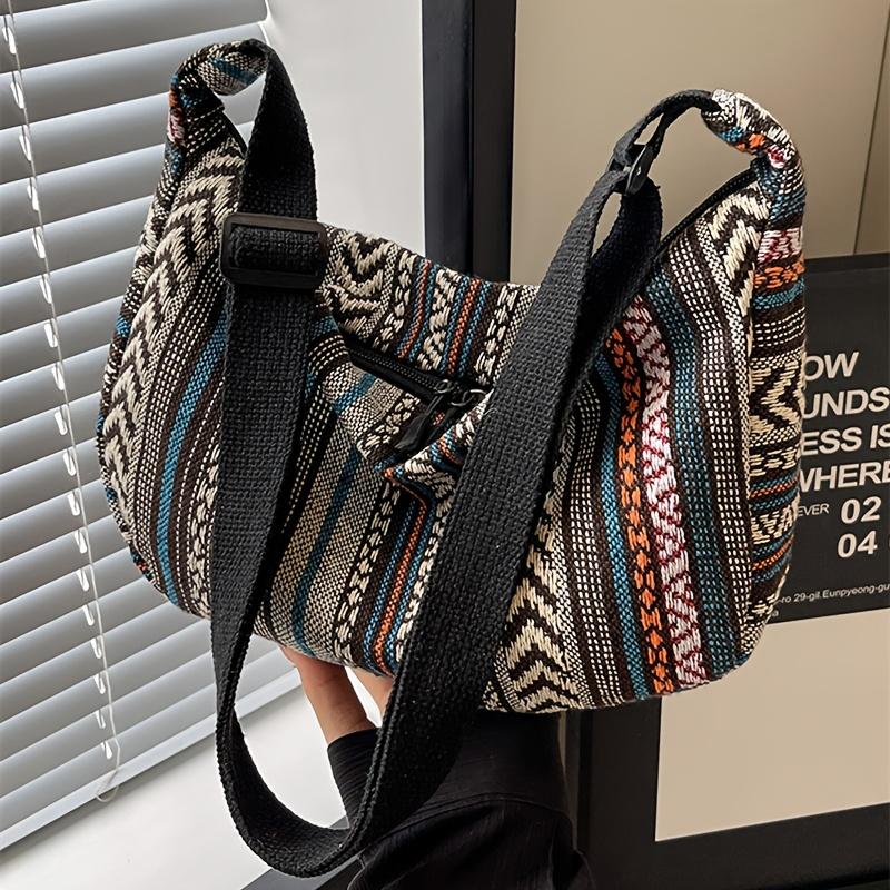 Tribal Style Shoulder Bag - Foldable, Crossbody, Zipper Closure, Striped Pattern, 1pc, Hand Washable
