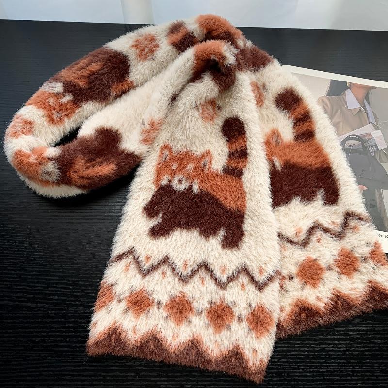Cartoon Brown Raccoon Patterned Scarf Knitted Faux Mink Fur Scarf Soft Comfort Women Winter Neckerchief Warm Scarves