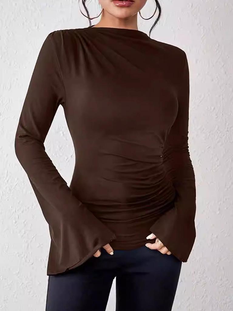 Women's Autumn-Winter Pleated Base Layer Top with Flare Sleeves and Half High Neck