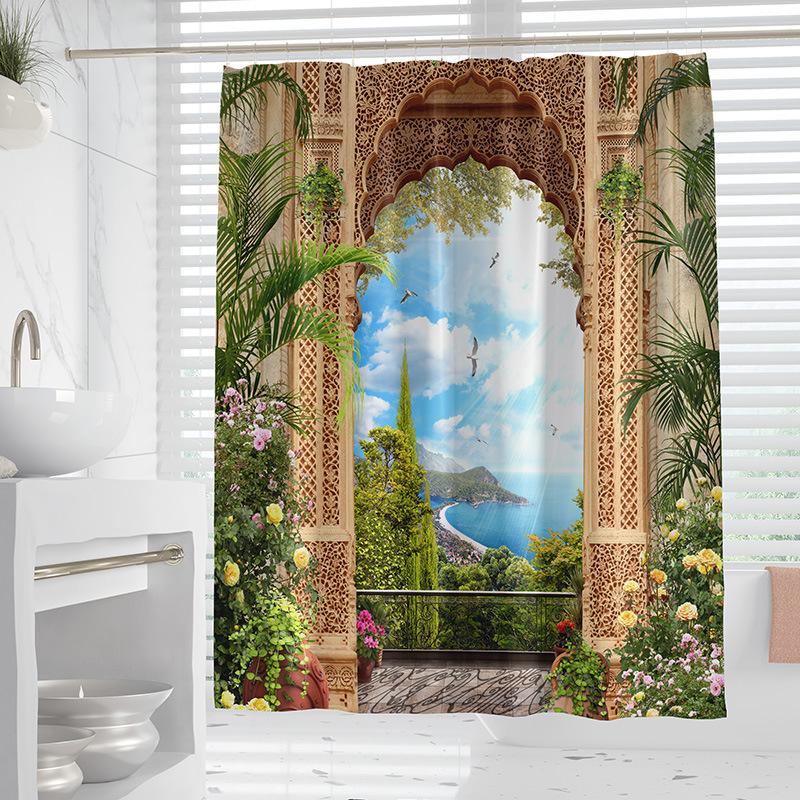 VIKAMA European-Style Garden Landscape Shower Curtain Waterproof Bathroom Partition Curtain for Wet/Dry Separation Home Decor