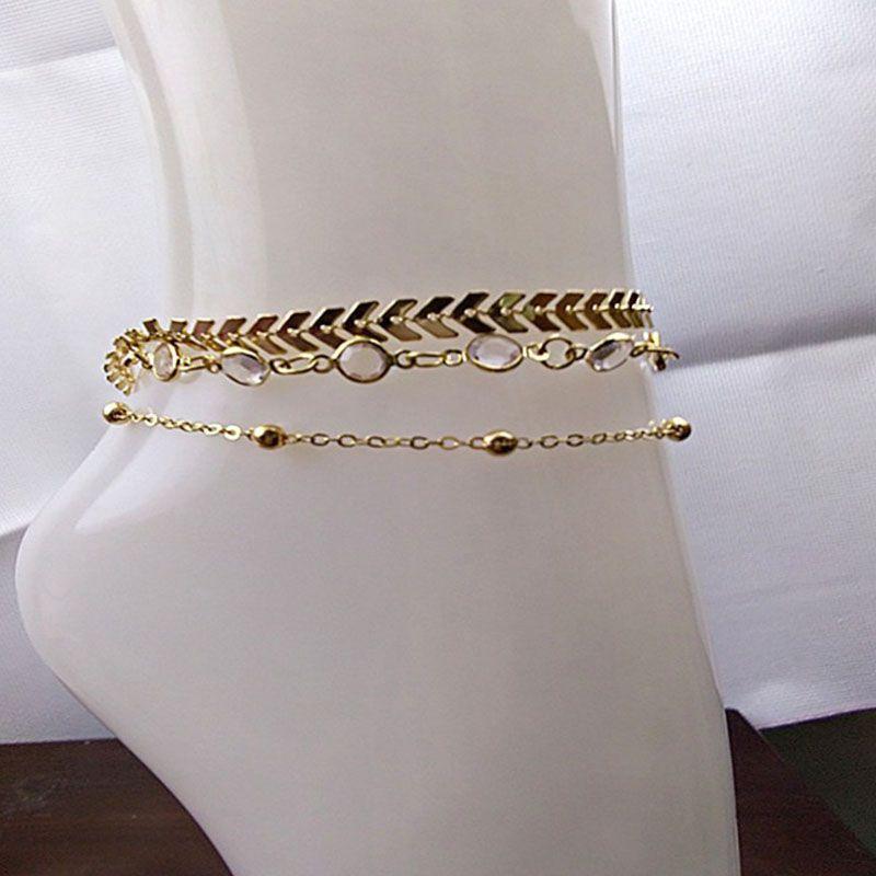 3pcsset Summer Beach Fashion Fishbone Chain Crystal Zircon Beads Chain Anklet