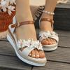 Sandale cu pană cu decor floral pentru femei, cu vârf deschis, curea reglabilă cu cataramă, pantofi casual cu platformă pentru vară, pentru exterior, plajă, plimbare