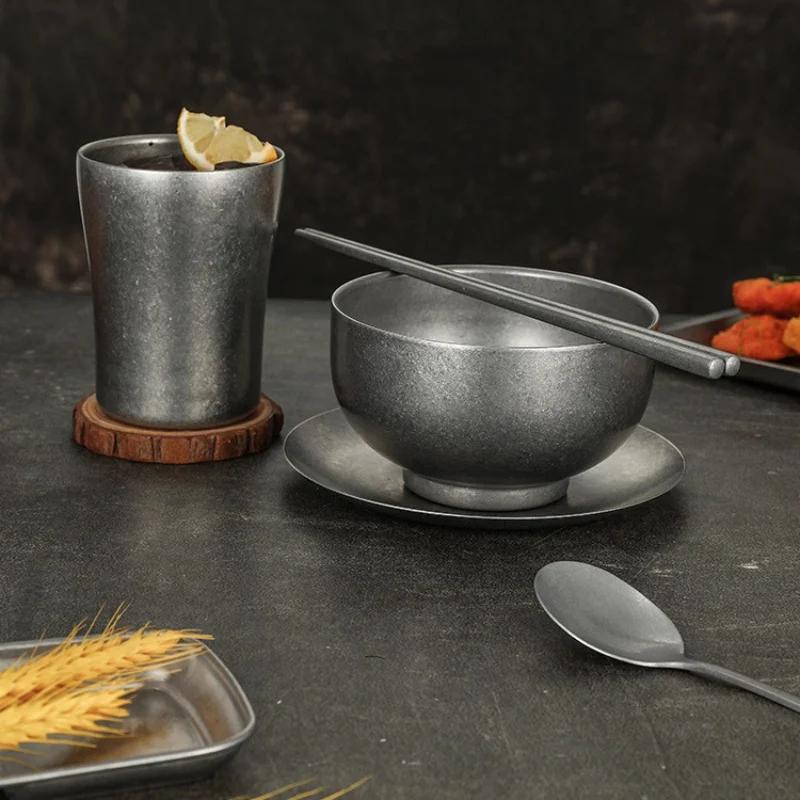 Vintage Stainless Steel Industrial Style Tableware Outdoor Camping Barbecue Metal Bowl Condiment Dish Restaurant Snack Dishes