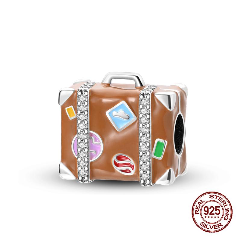 100% Copper Colorful Suitcase Bag Travel Charms Beads Fit Original Pandach Bracelets Fine Diy Anniversary Jewelry