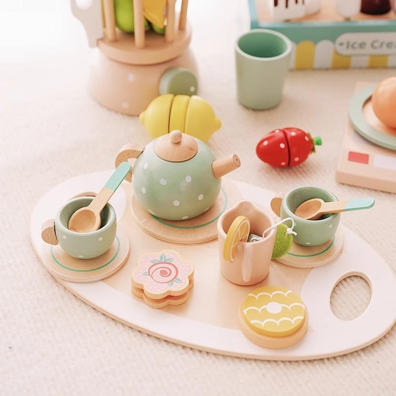 Set Wooden Tea Toddlers Play Party Children Food Dessert Tray Kitchen Teapot
