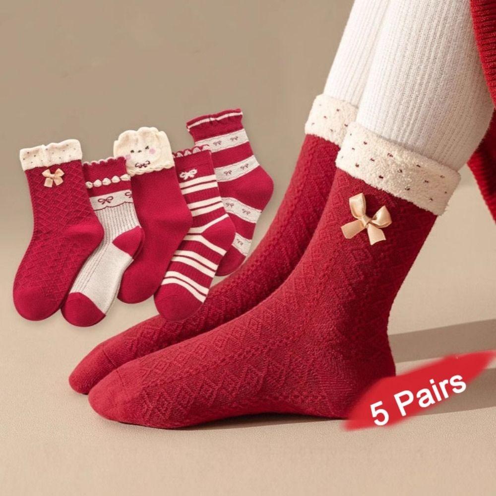 5Pairs Bowknot Children New Year Socks Stripe Kids Hosiery Fashion Cartoon Red Socks Gifts