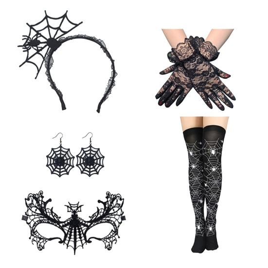 Halloween Spider Web Costume for Women Black Lace Headband Choker Gloves Spider Web Cape Masque Thigh High Long Stockings