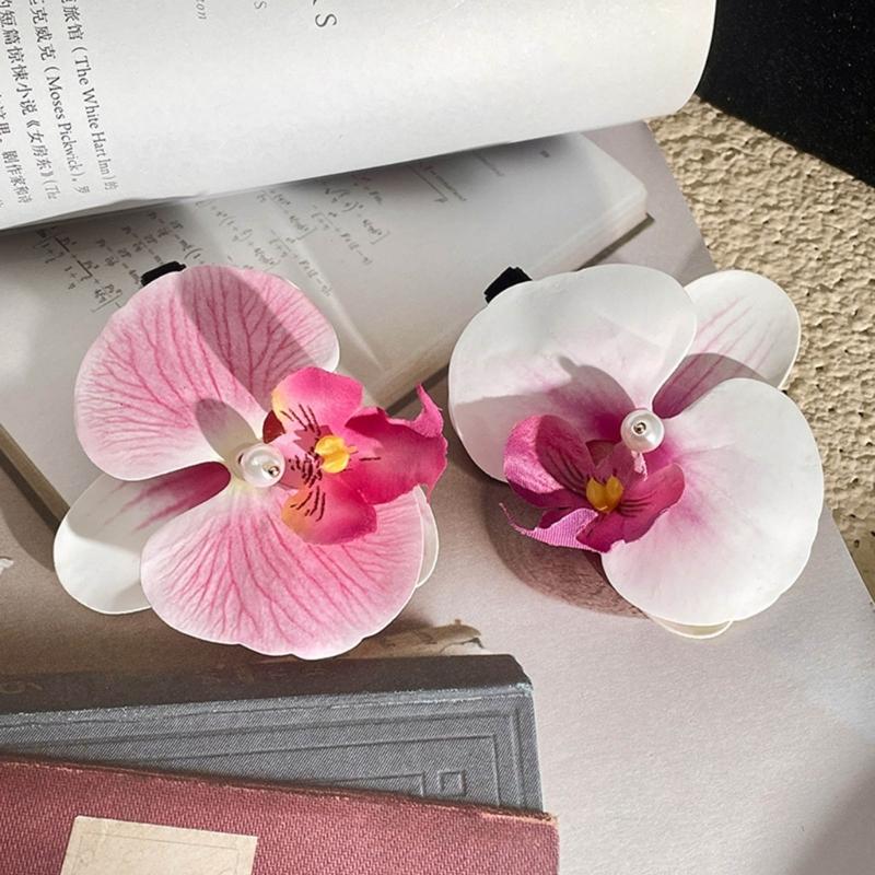 Set of 2 French Floral Hair Grip Pink Orchids Flower Hairpin Stylish Hair Grips for Girl Sweet Side Barrettes Jewelry