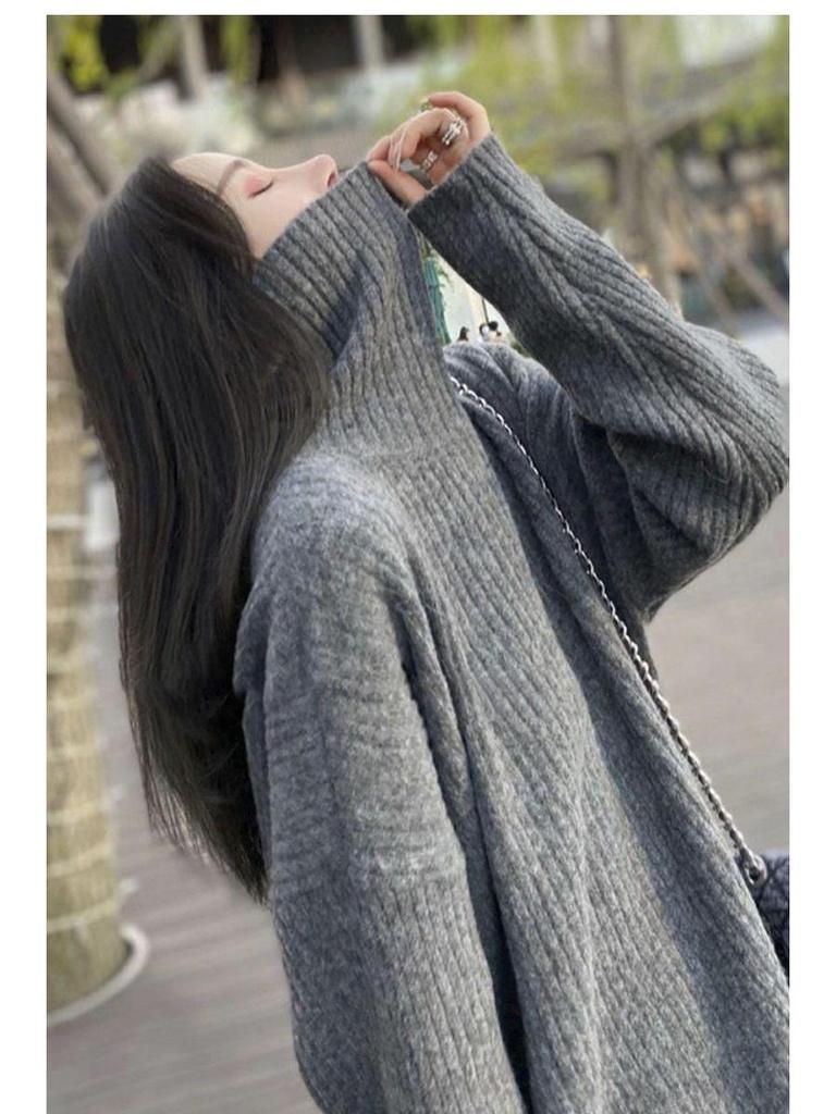 2025 Women's High Neck Knit Sweater - Mid-Length, Hip-Covering, Loose Fit, Autumn/Winter Thickened Base