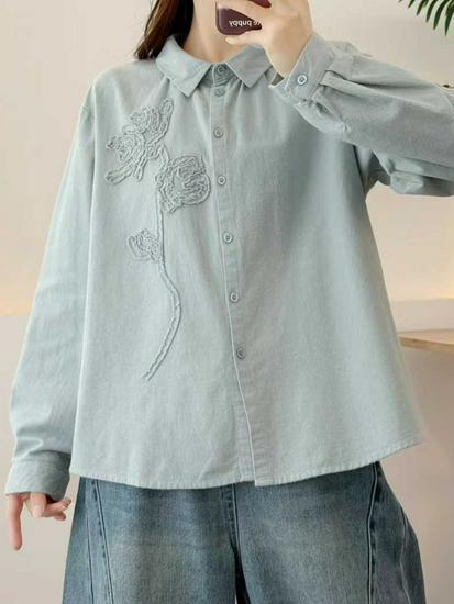 2026 Spring/Fall Women's Brushed Long-Sleeve Shirt with 3D Rose Design, Ideal for Layering.