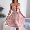 Spring and Summer Floral Bow V-neck Wooden Ear Side Swing Dress Holiday Halter Dresses for Women