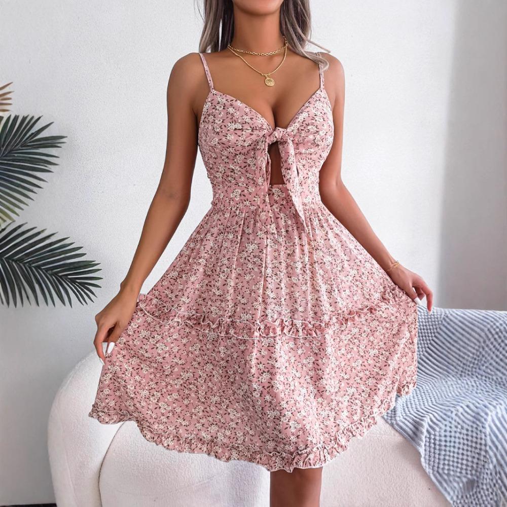 Spring and Summer Floral Bow V-neck Wooden Ear Side Swing Dress Holiday Halter Dresses for Women