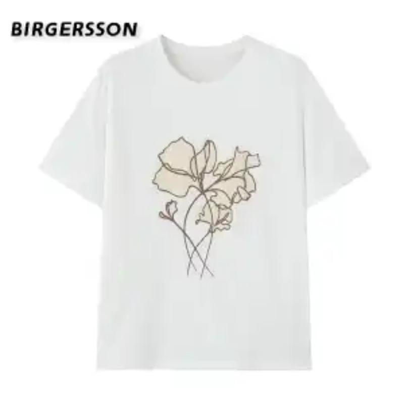 Women s White Short Sleeve T-Shirt Hand-Drawn Floral Line Art Print Casual Loose Top S