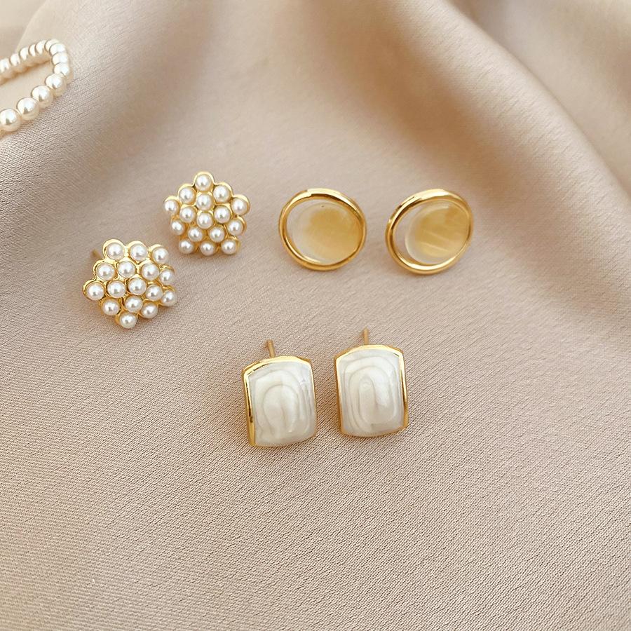 6/10/12 Pcs Simulated Pearl Round Square Stud Earrings Small French Elegant Daity Ear Studs for Women Daily Jewelry Sets F