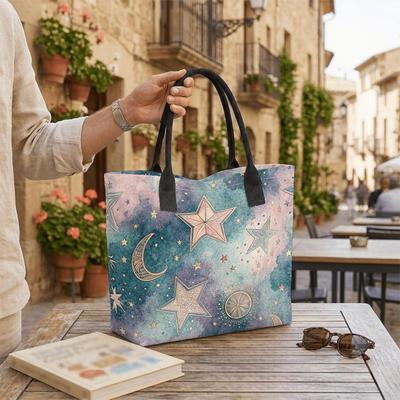  Boho Celestial Print Casual Tote Bag Large Capacity Reusable Canvas Shoulder Bag for Daily Use
