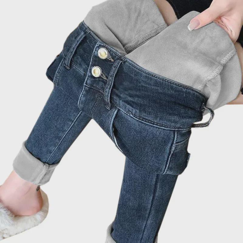 High Waist Plush Jeans for Women - Elastic Slim Fit, Double Buckle, Thick, Warm, Nine-Point Blue-Gray Pants for Autumn and Winter.