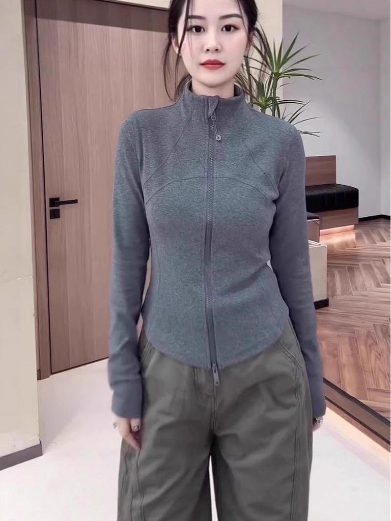Solid Color Warm Fleece Stand Collar Jacket with Double Zipper and Slim Waist