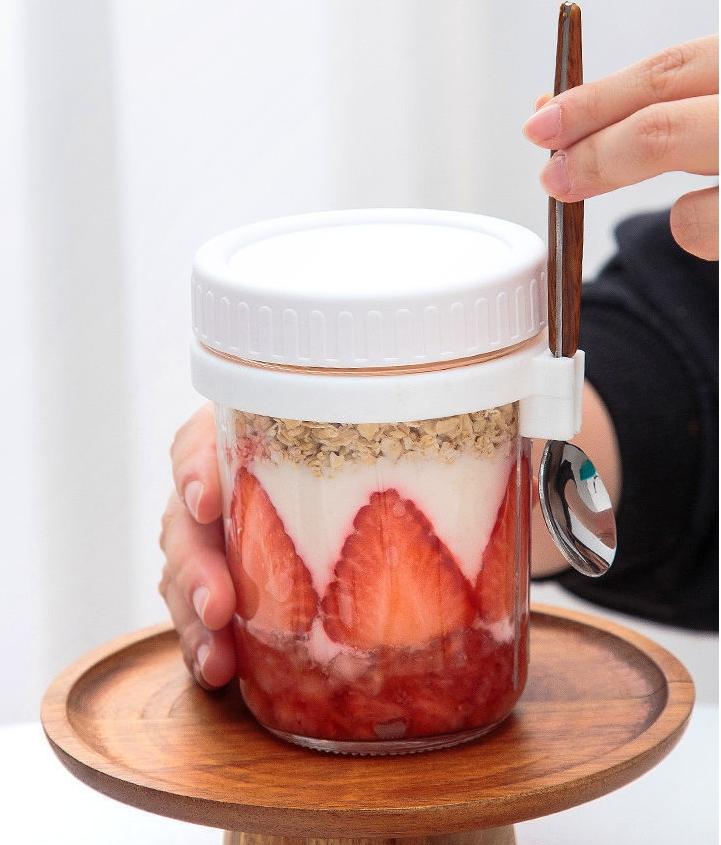 Tazza da avena notturna da 350 ml in vetro con coperchio e cucchiaio, guarnizione per alimenti, tazza per la colazione, portatile, per cereali, latte, insalata, yogurt, articolo da cucina